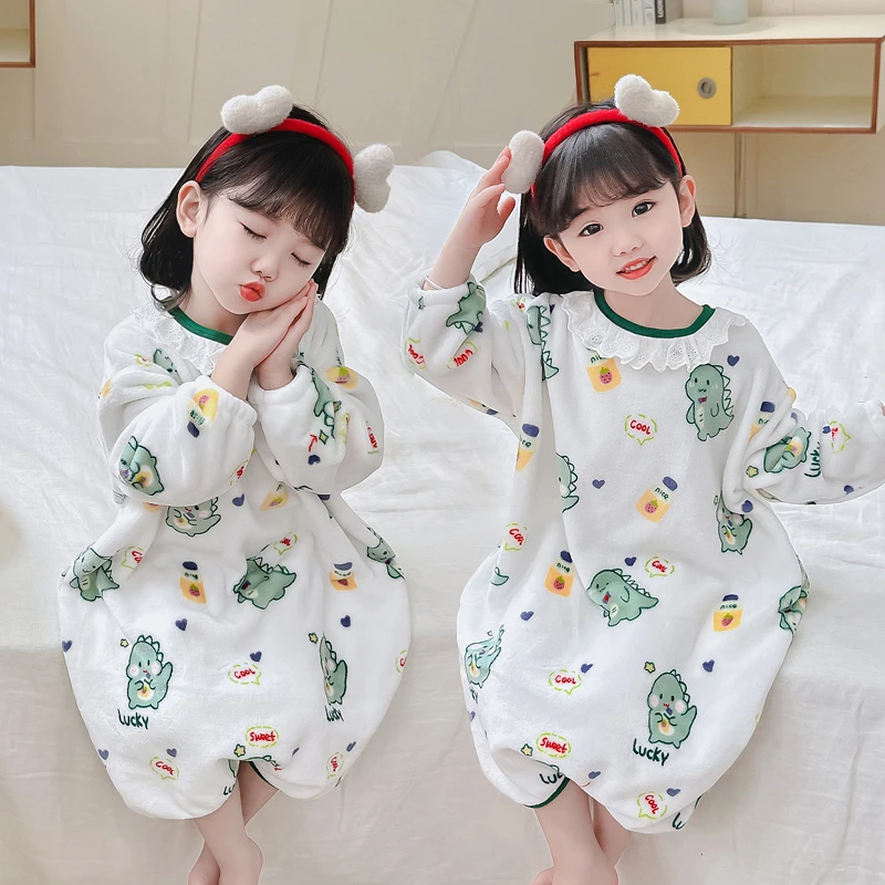 儿童睡衣女童秋冬抗寒连体防踢睡裙宝宝长袖可爱法兰绒保暖家居服