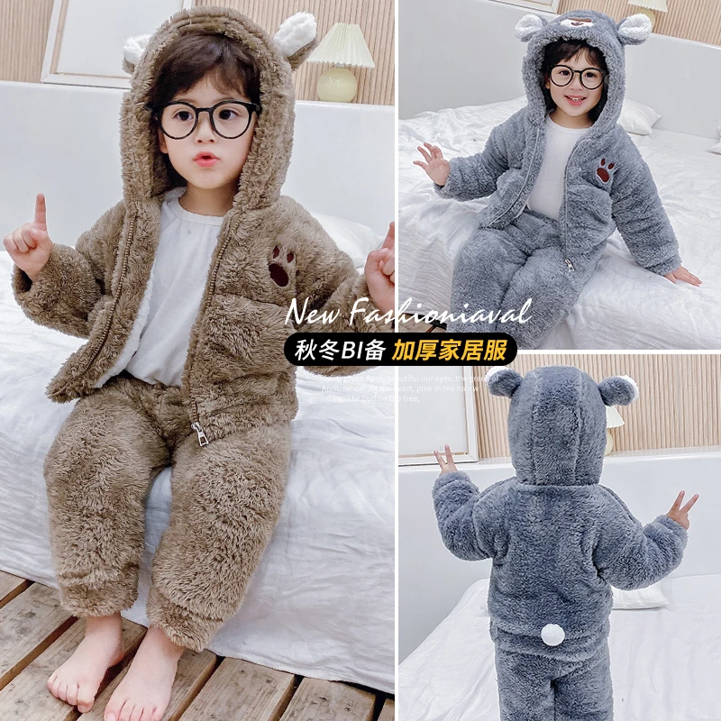 冬季儿童珊瑚绒睡衣秋冬款男童宝宝小孩加厚加绒法兰绒家居服套装