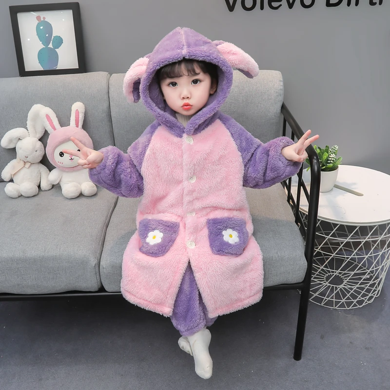 儿童法兰绒睡衣套装冬季女童睡袍珊瑚绒加厚中小童女孩宝宝家居服