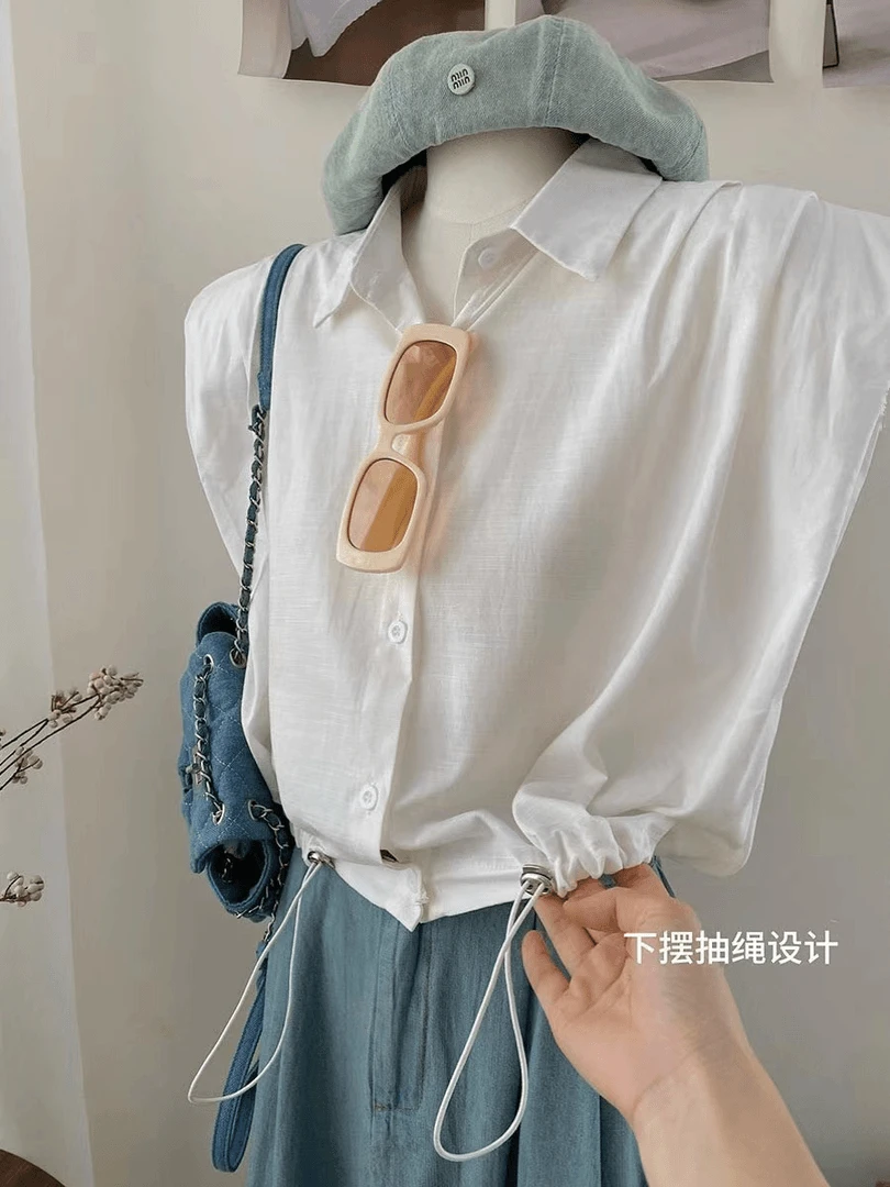 2023夏季新款无袖垫肩衬衣显瘦抽绳高腰短款洋气百搭设计感衬衫
