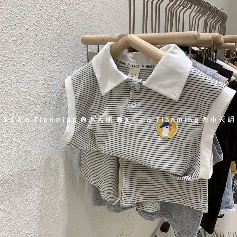 颜色超洋气ya~文艺细条纹男女童2022夏季两件套装宝宝短袖+裤子