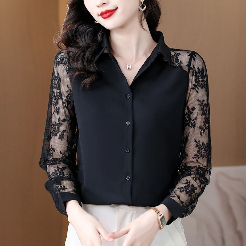 1188蕾丝拼接衬衫女春夏新款黑色长袖镂空衬衣时尚显瘦百搭上衣