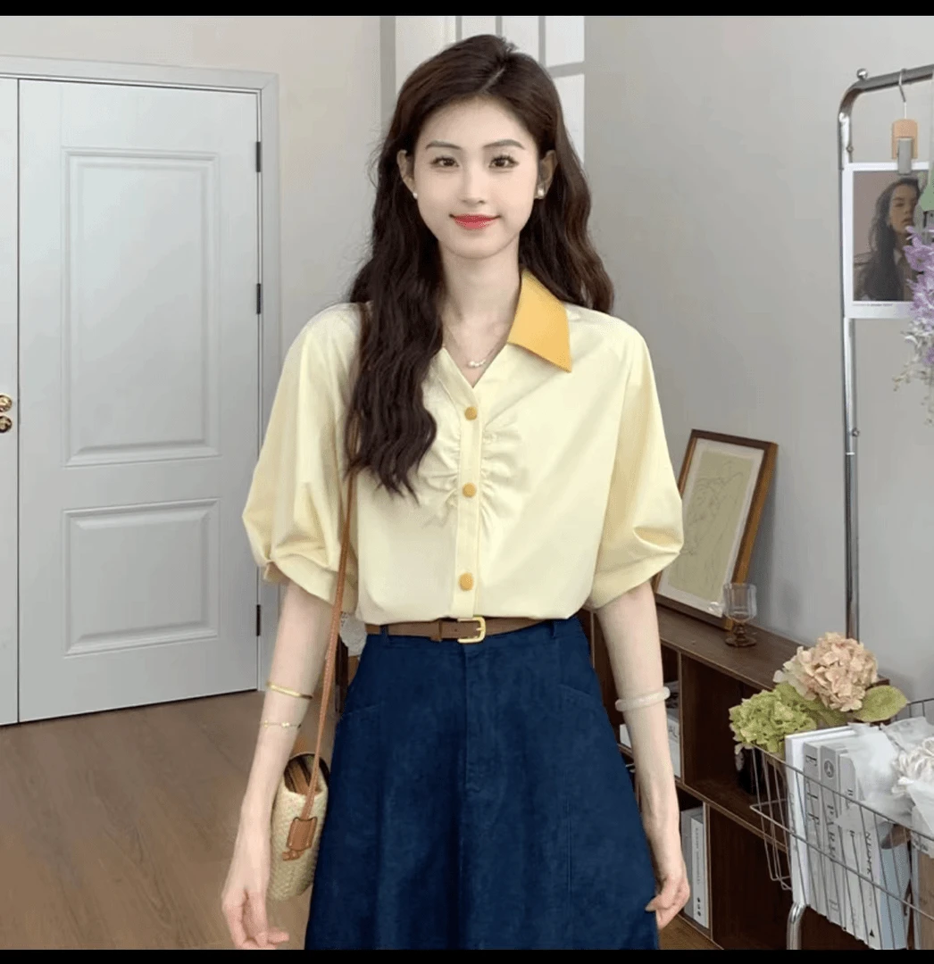 2418港风复古衬衫女夏季新款设计感小众拼色花苞短袖气质洋气上衣