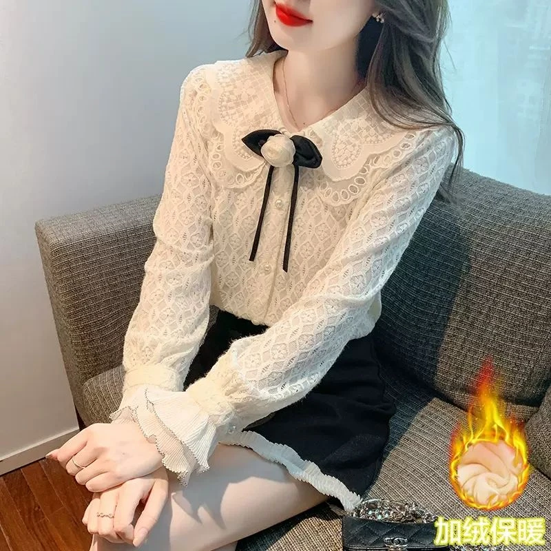 加绒蕾丝打底衫女秋冬2025新款内搭时尚洋气衬衫上衣气质衬衣小衫