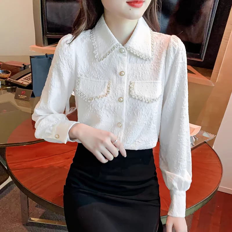 小香风衬衫女秋季新款2024年polo领白色长袖衬衣上衣