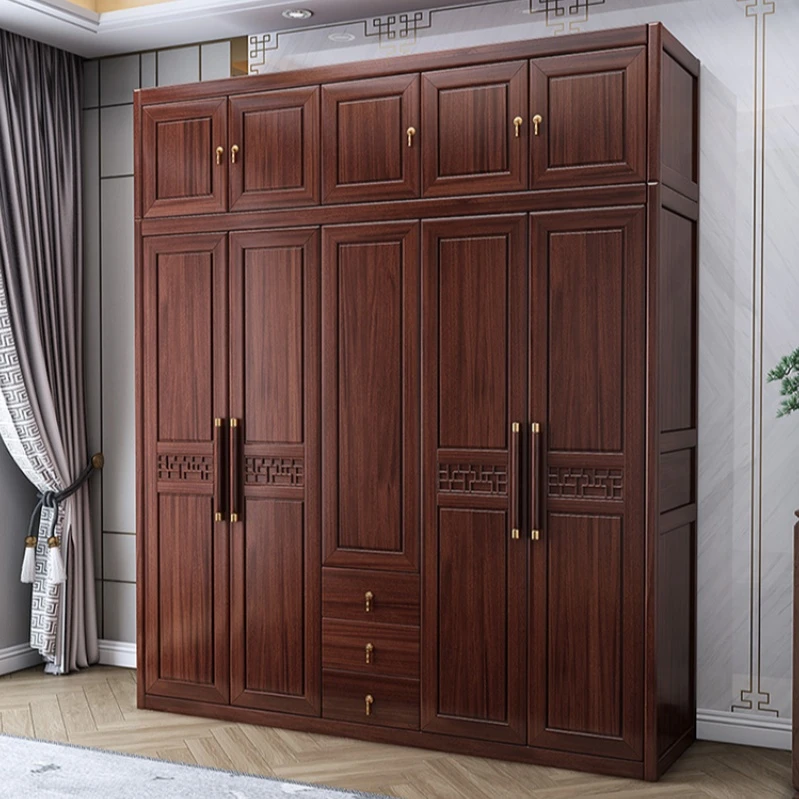乌金木新中式全实木原木衣柜卧室五开门收纳储物柜家用实木大衣橱