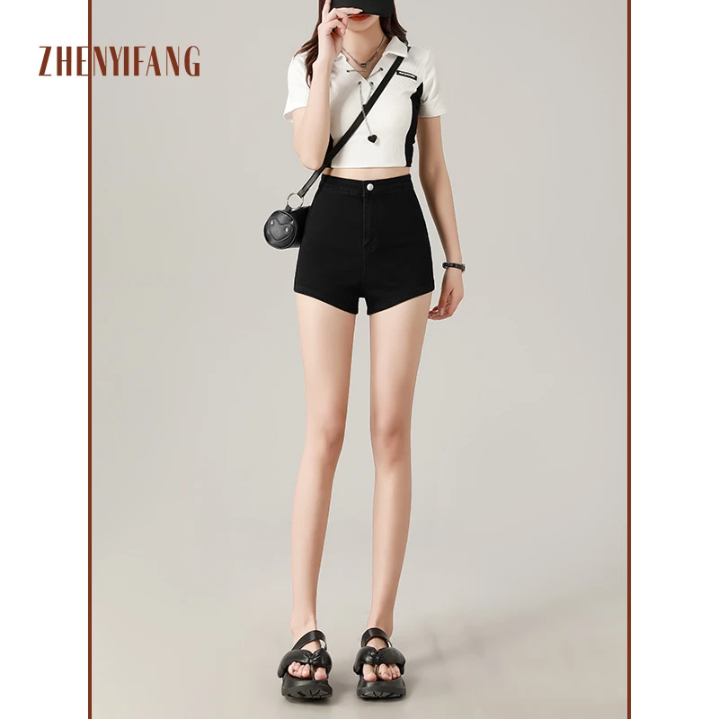 ZHENYIFANG/真衣坊韩系百搭高腰黑色紧身牛仔短裤女弹力辣妹热裤