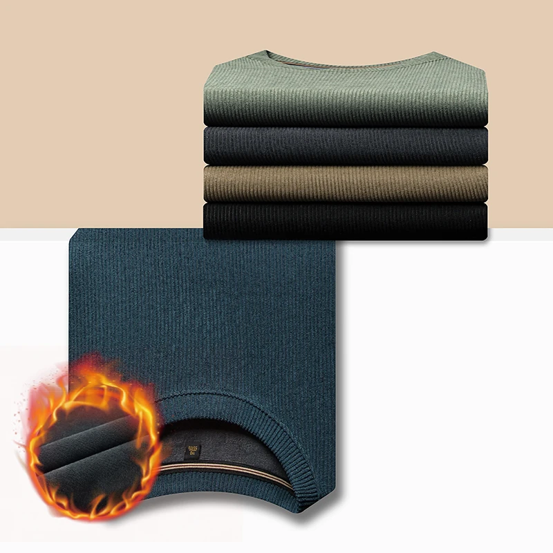 2023新款加绒加厚长袖灯芯绒纯色休闲百搭男装宽松圆领