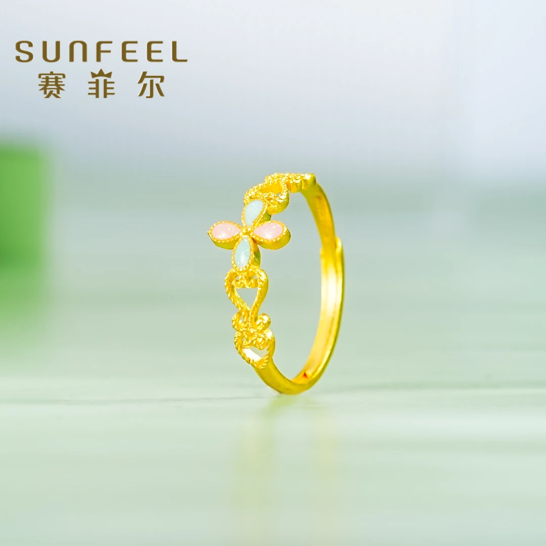 赛菲尔万足®足金多巴胺风车四叶草珐琅黄金戒指HJ08010742