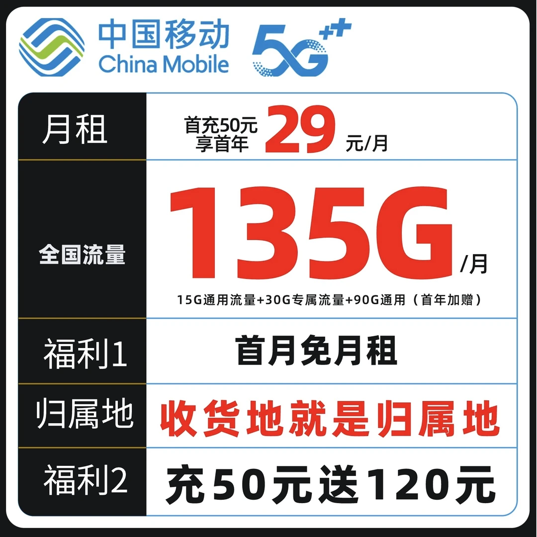 中国移动本地流量卡135G手机卡不限速电话卡sim卡上网卡正规套餐