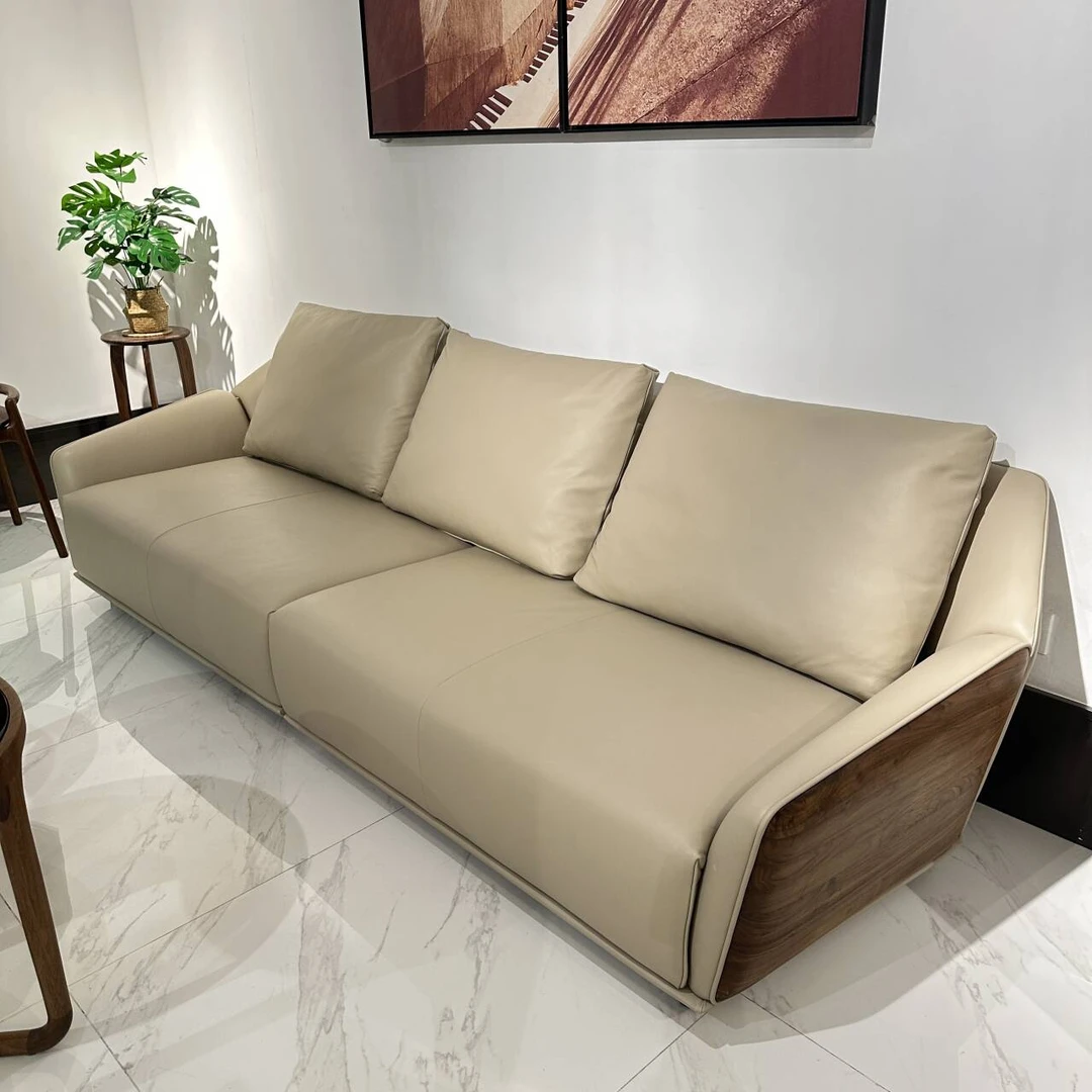 北美黑胡桃木实木沙发现代简约客厅家具直排头层真皮大中小户型