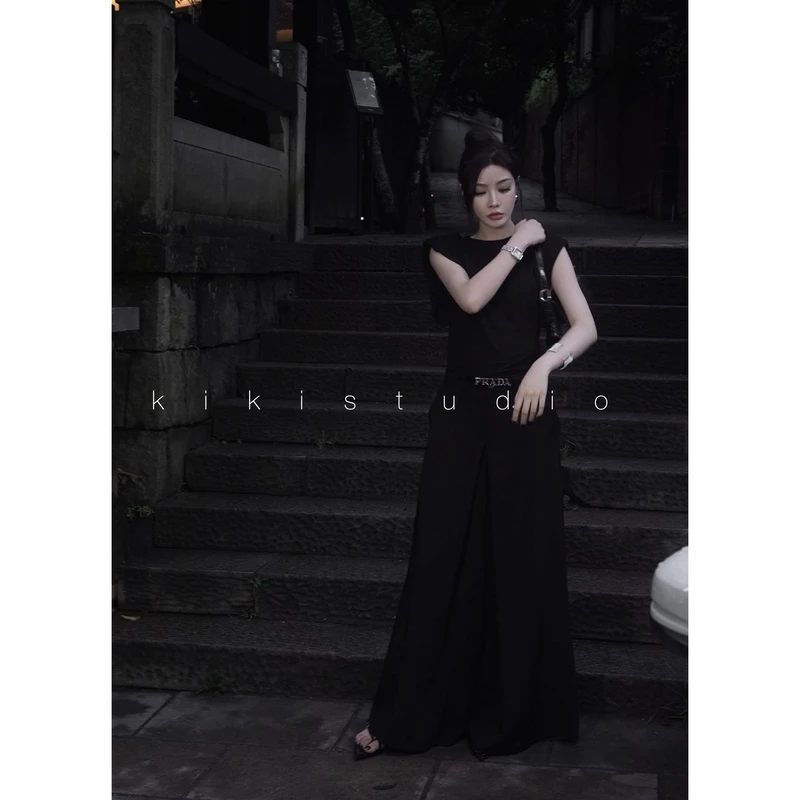 KIKI《无法抗拒》高腰松紧阔版不挑腿型百搭神裤轻奢时尚设计师黑色