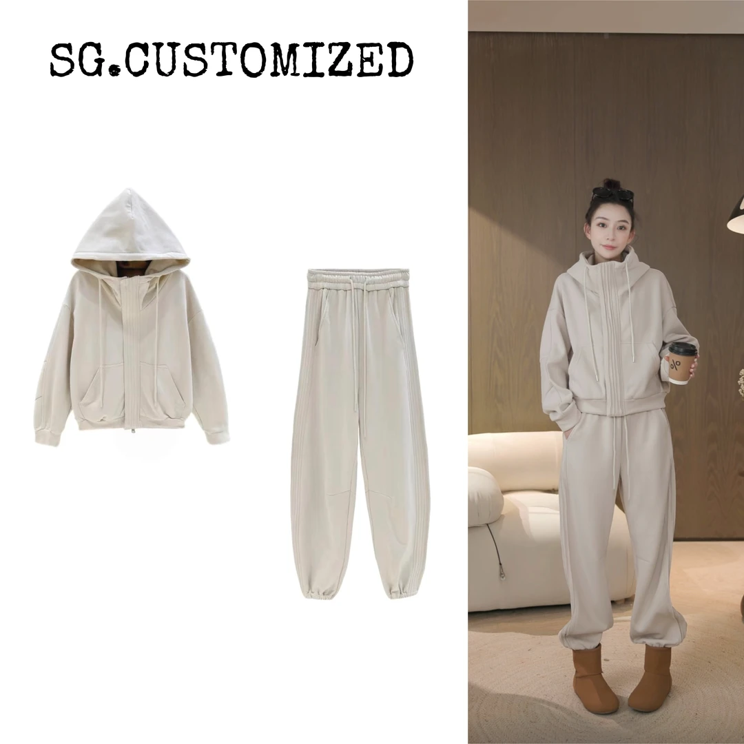 丁雅 极简风 百搭连帽加绒卫衣束脚卫裤套装TZ-DY20249571