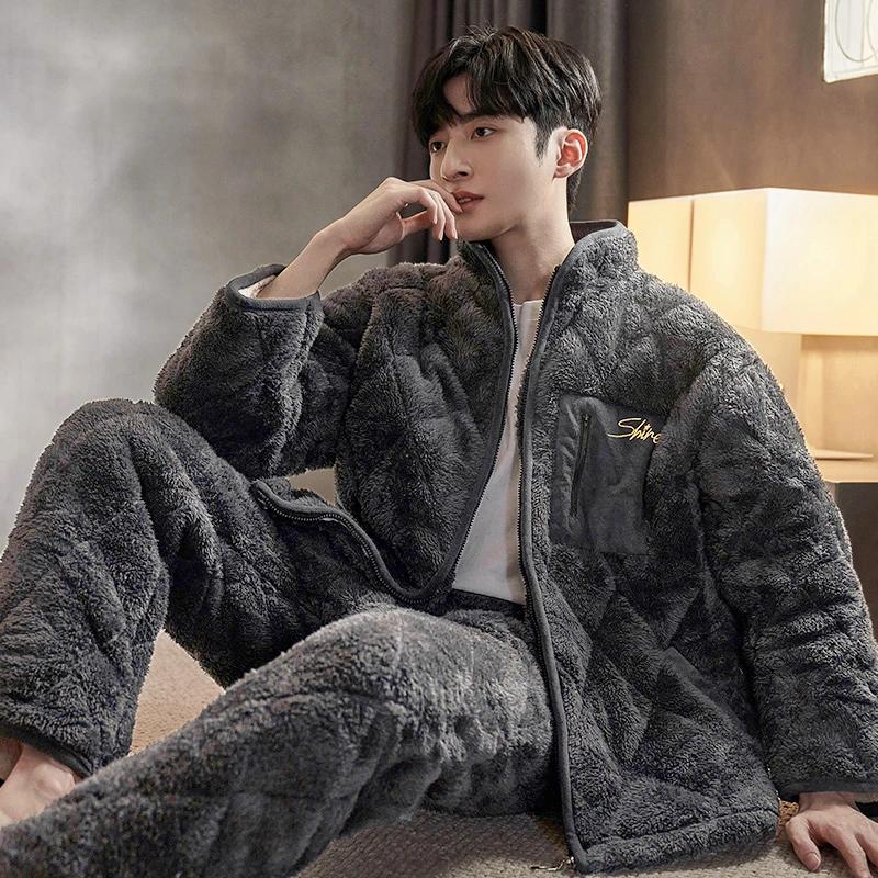 男士睡衣冬季三层夹棉加厚加绒保暖简约超厚棉袄珊瑚绒家居服套装