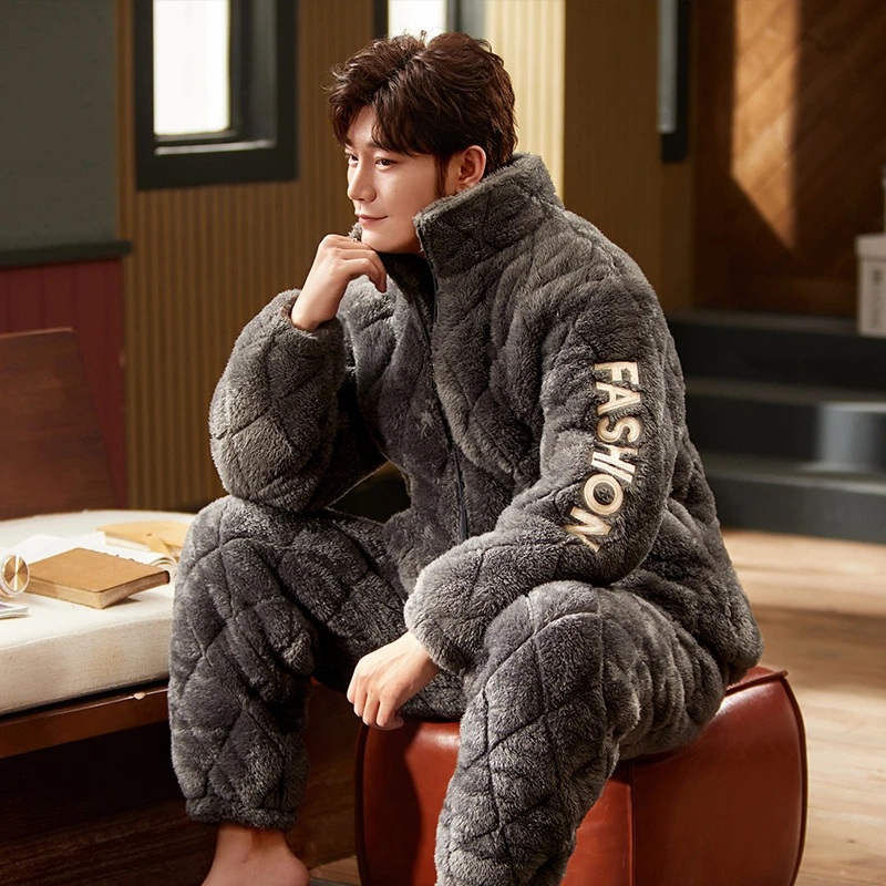 睡衣男士秋冬季三层夹棉加厚加绒保暖刺绣字母珊瑚绒超厚家居服