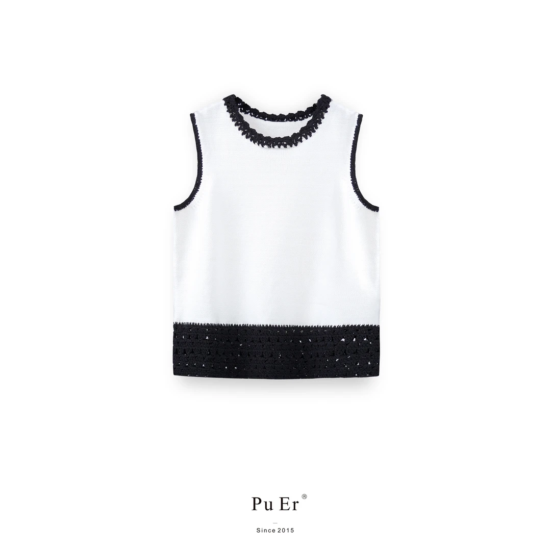 璞迩圆领无袖黑白拼色重磅针织背心