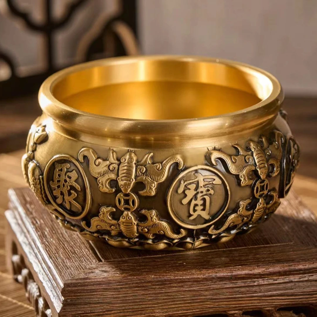 黄铜精品复古实心八福双鱼聚宝盆摆件高端工艺品中式玄关前台摆设