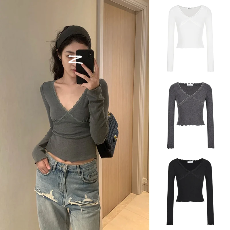 MosesQueen/魔西女王蕾丝花边v领长袖打底衫辣妹坑条设计感上衣