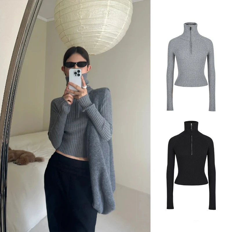 MosesQueen/魔西女王半开领立领坑条纹毛衣修身短款掐腰针织衫