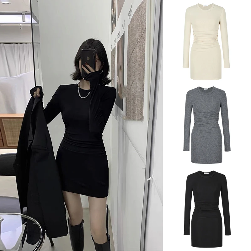 黑色性感长袖收腰褶皱针织连衣裙女早秋新款修身时尚打底包臀短裙