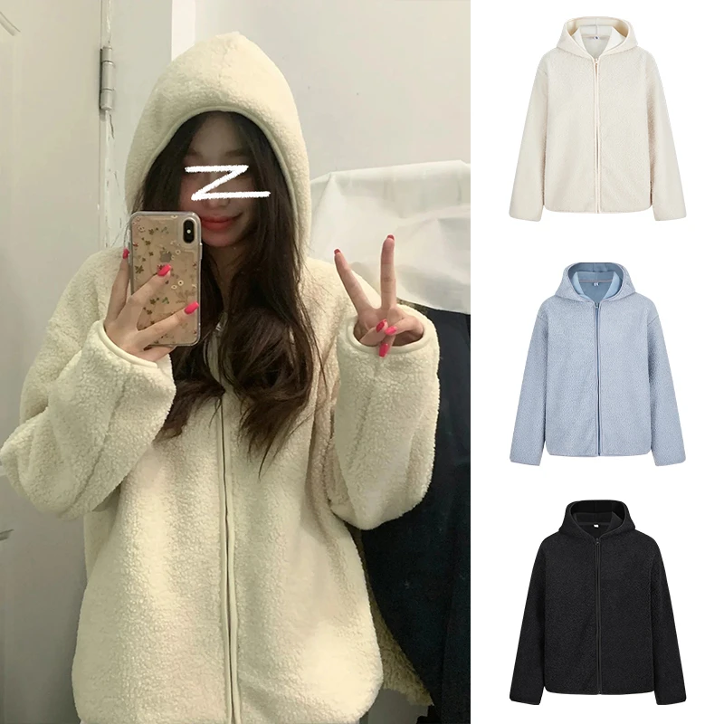 MosesQueen/魔西女王秋冬新款摇粒绒宽松连帽拉链夹克外套上衣