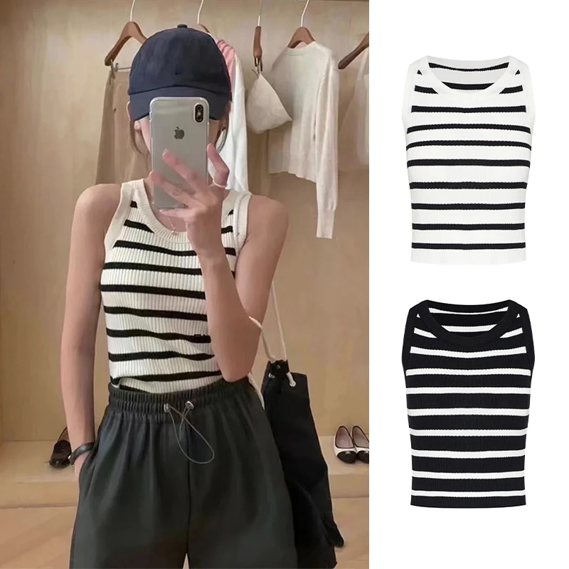 条纹背心女2024新款内搭遮副乳打底针织上衣夏外穿法式无袖小吊带