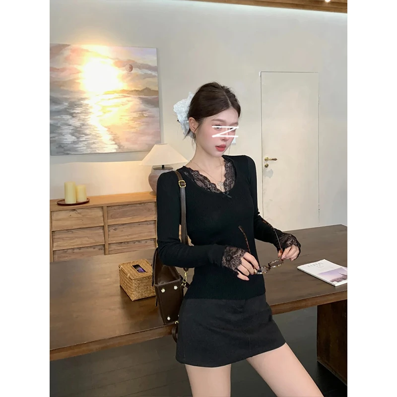 MosesQueen/魔西女王白月光复古氛围感蕾丝V领长袖毛衣针织衫秋