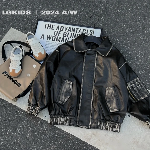 2024秋YS新款实体高货中大童中性复古做旧皮衣WT18
