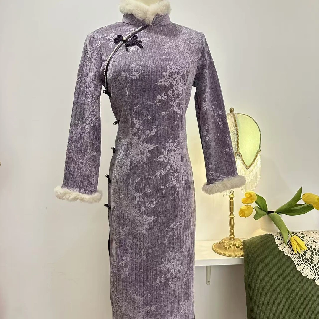 秋冬加厚紫花扣旗袍裙