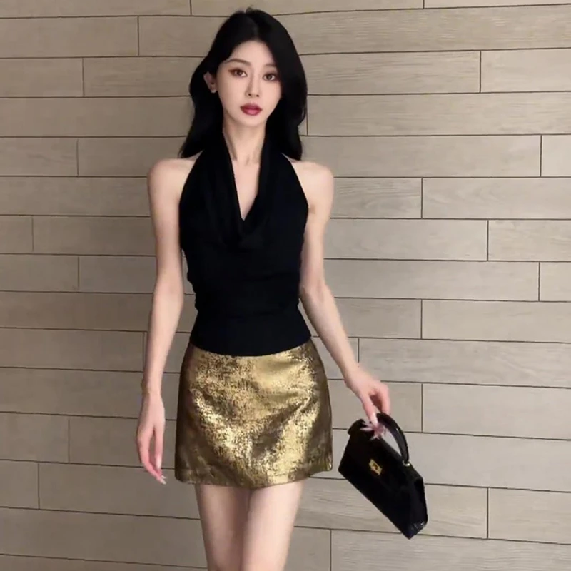 法式性感纯欲氛围感荡领背心T恤时髦感百搭休闲半身短裙子两件套