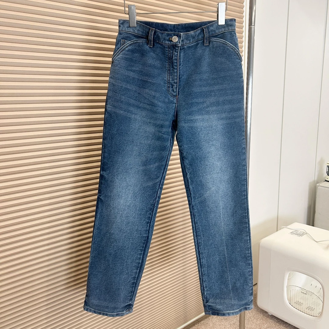 砂洗康鹏纹丹宁长裤牛仔裤女 特特