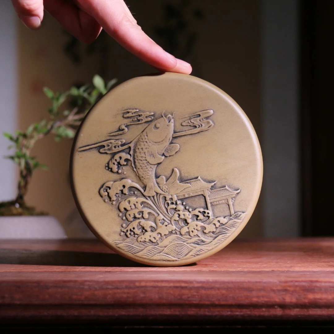 2、端砚绿端《鱼跃龙门》石盖套砚 高端国风文房用品砚台