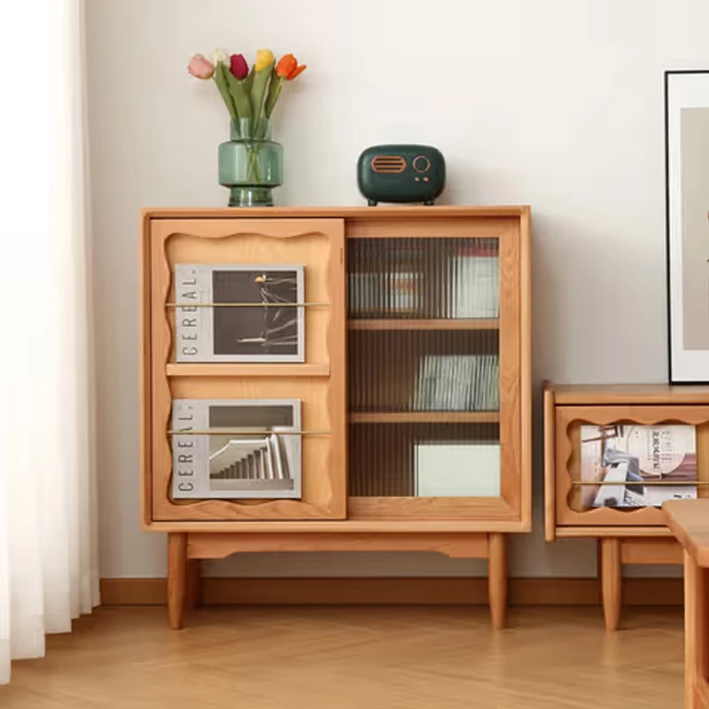 北欧实木樱桃木海浪书柜书架杂志柜电视边柜日式储物柜玻璃门收纳