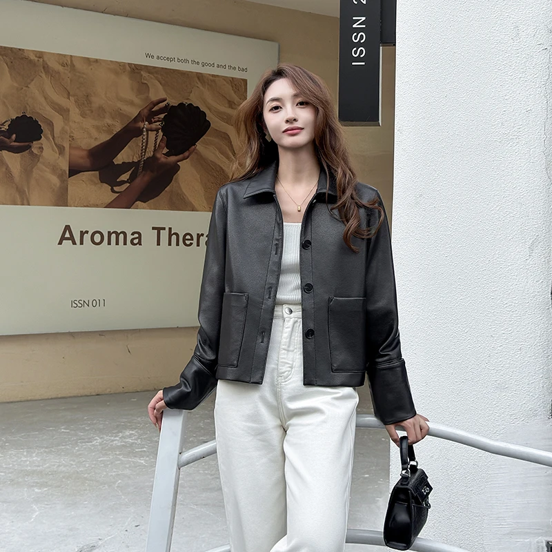 【幂幂同款】短款山羊皮翻领荔枝纹外套潮气质时尚休闲皮衣外套女