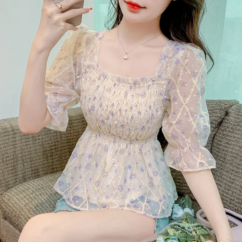 夏季方领法式短袖印花纯欲风显瘦遮肉新款套头雪纺衫泡泡袖上衣
