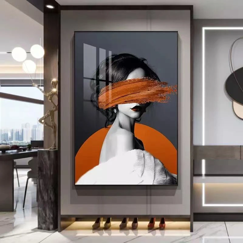 水沐一抹橙女孩人物沙发背景挂画走廊端景玄关装饰画客厅挂画高端