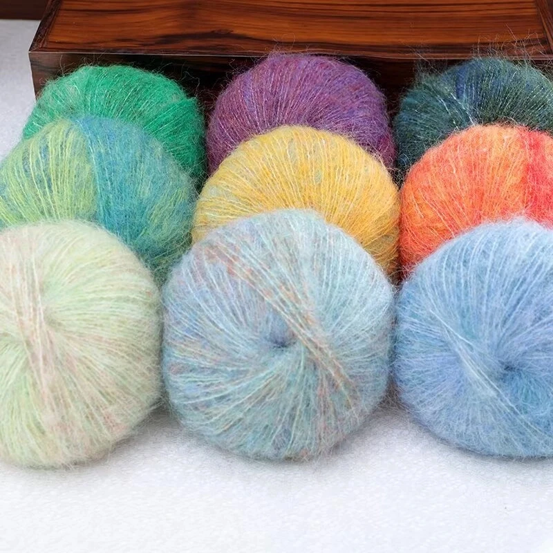 油画风渐变段染彩虹马海毛线手工编织外套围巾diy披肩毛衣细毛线