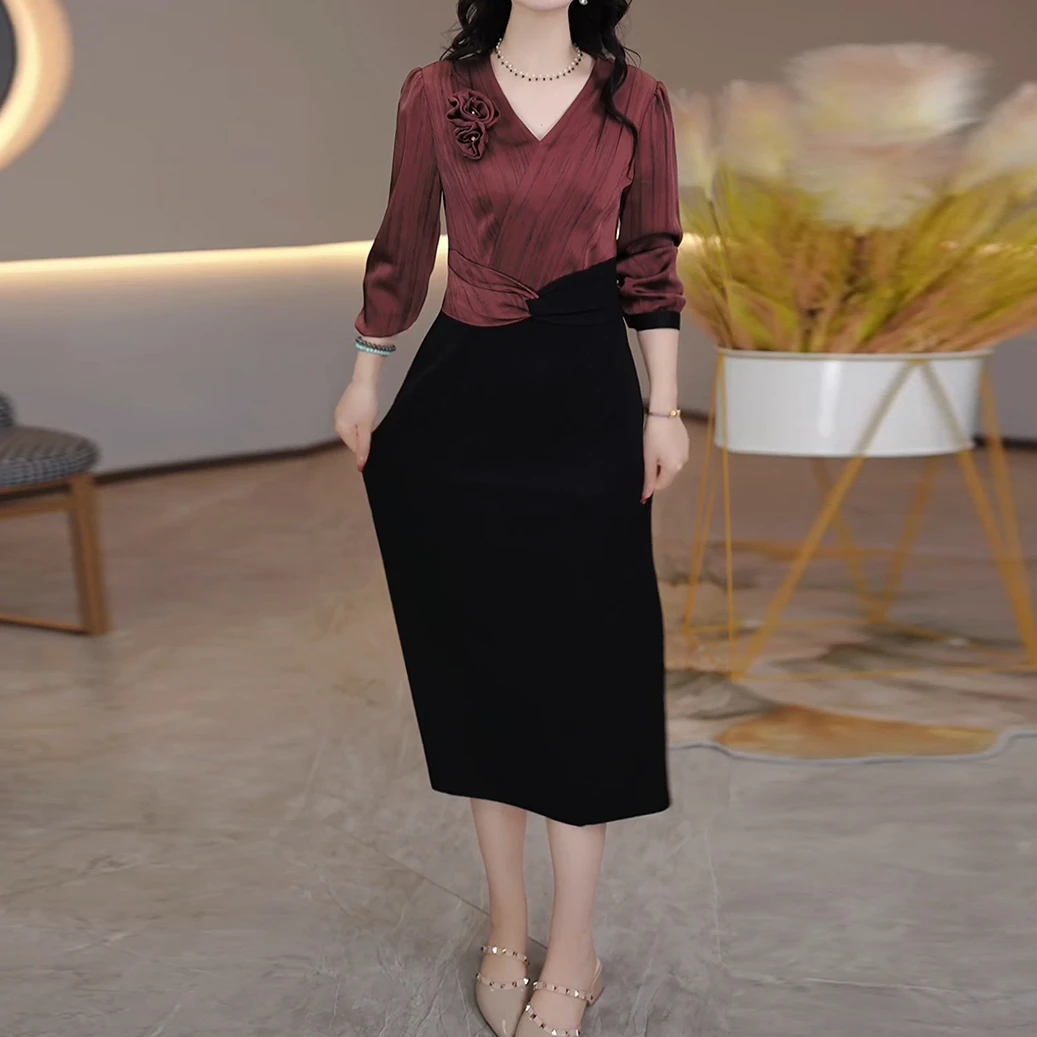 2025春季新款喜婆婆妈妈时尚气质减龄显瘦洋气收腰假两件连衣裙