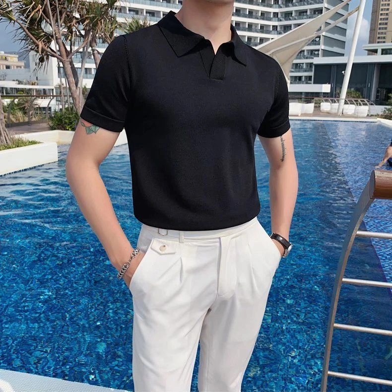 夏季韩版男士轻奢V领针织短袖Polo衫型男纯色时尚翻冰凉半袖
