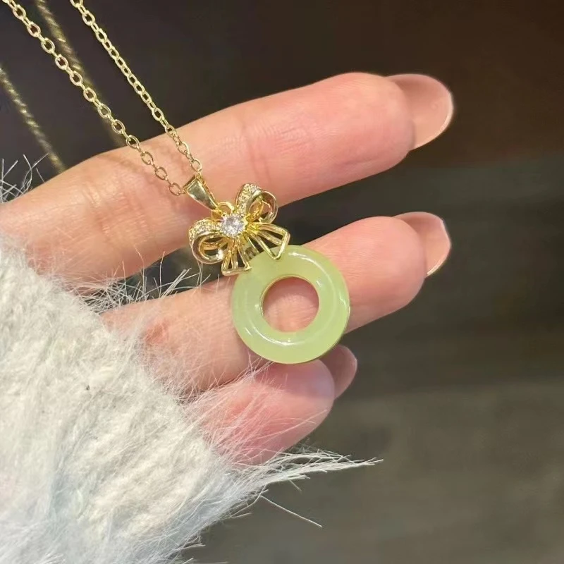 钛钢项链 轻奢复古蝴蝶结圆环吊坠新中式时尚项链3261