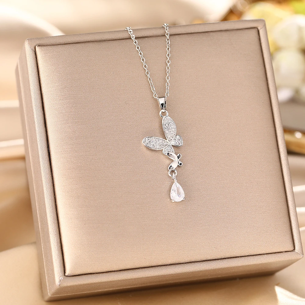 钛钢项链 银色蝴蝶流苏水滴形项链百搭小众锁骨链3280