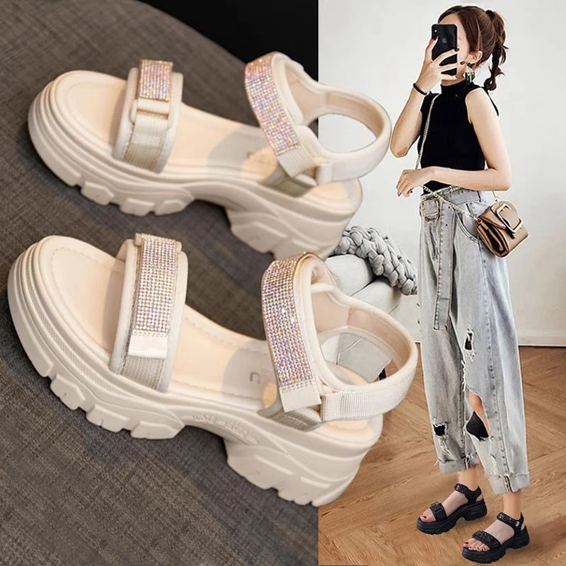 水钻厚底凉鞋女2024夏季新款百搭高跟松糕软底休闲罗马沙滩凉鞋女