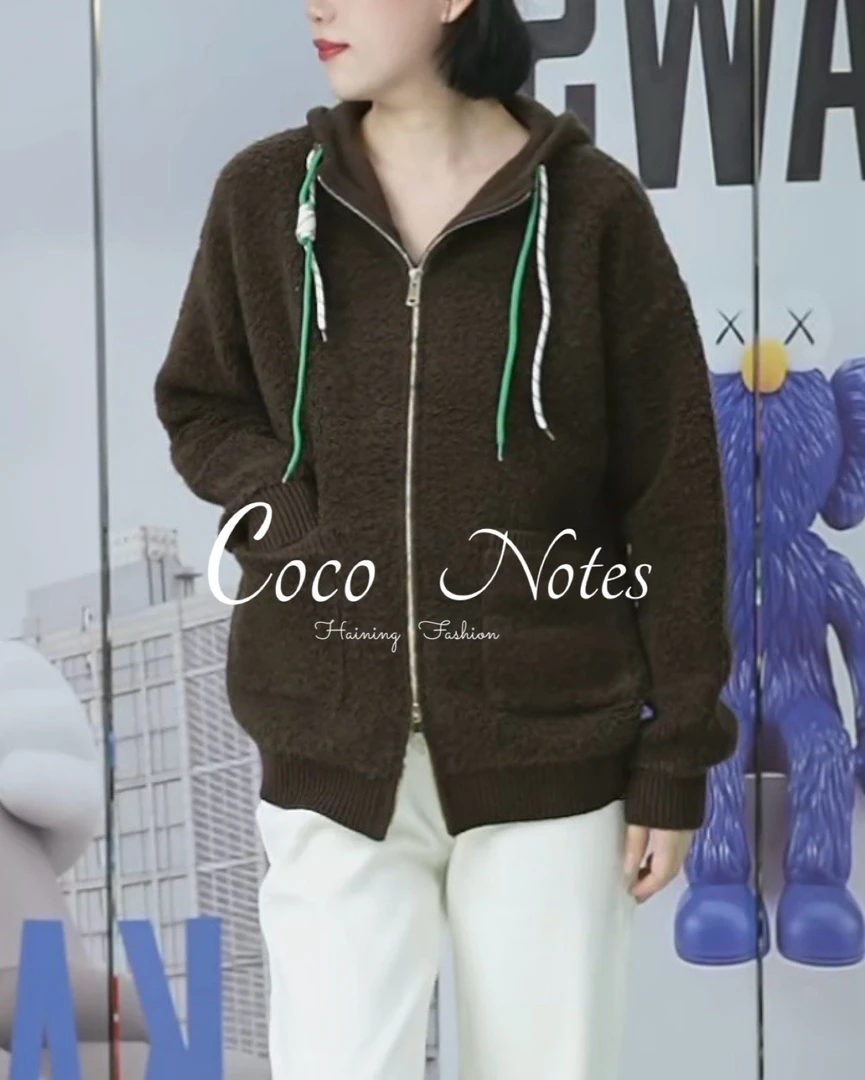 COCO NOTES【氧气慵懒】连帽撞色抽绳拉链宽松托卡全羊毛外套