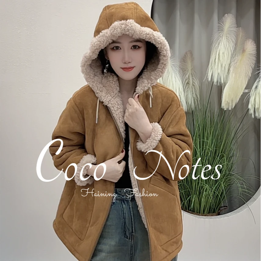 COCO NOTES【暖可可】886连帽新款复古潮酷美式加厚百搭羊羔毛外套