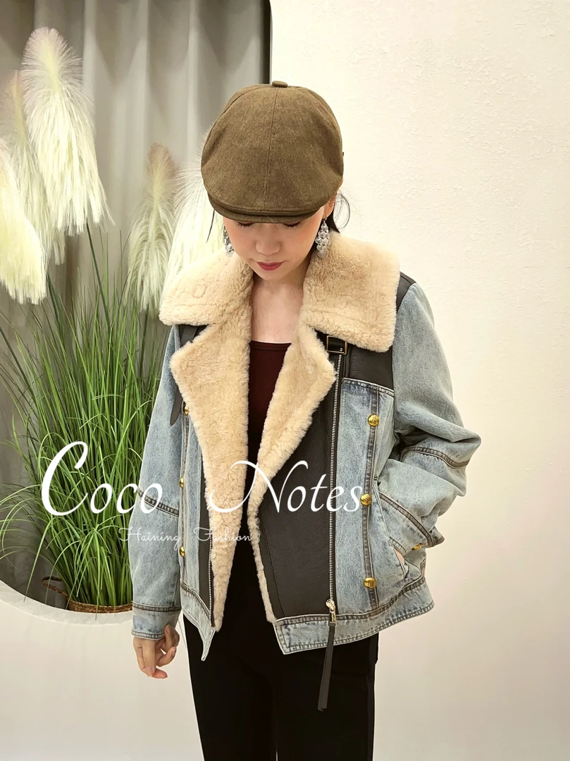 COCO NOTES【重工牛仔】99062大翻领皮毛一体拼接羊羔毛机车羽绒服