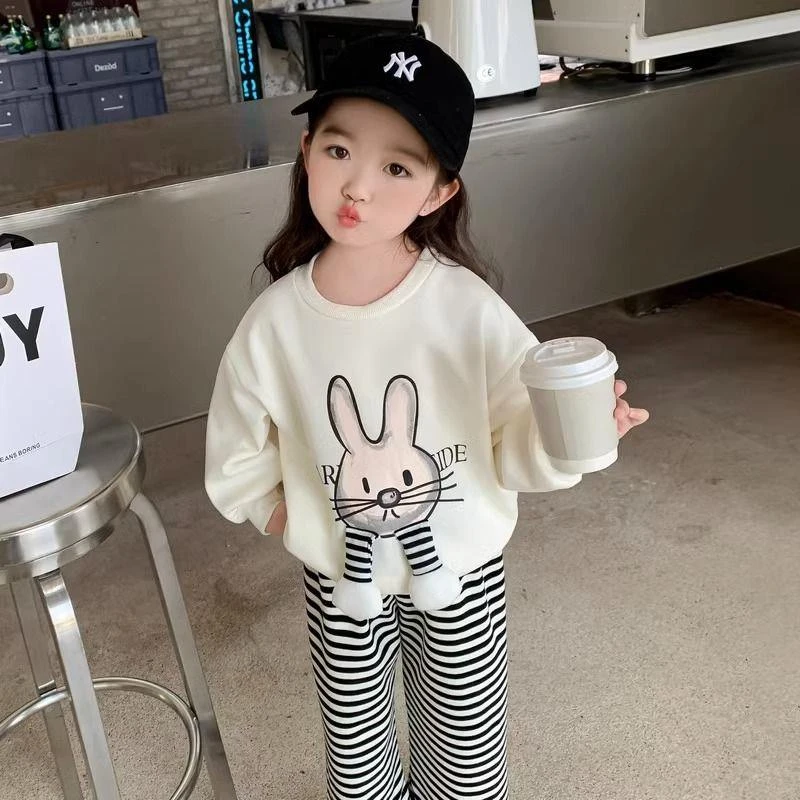 女童秋装套装2024新款儿童秋款洋气兔子卫衣女宝宝秋季时髦条纹裤