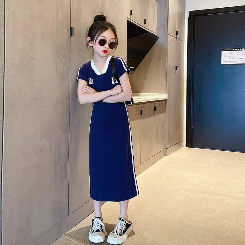 女童裙子夏季2025新款网红儿童撞色字母T恤裙夏装女孩紧身连衣裙