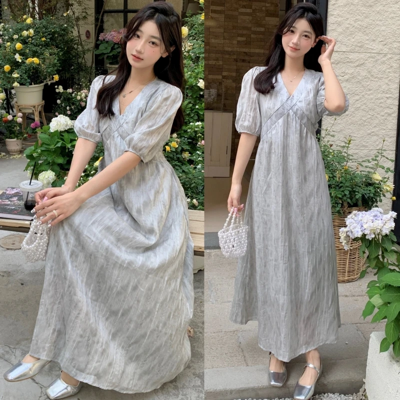 孕妇装夏装气质显瘦温柔甜美高级灰压褶连衣裙#6031