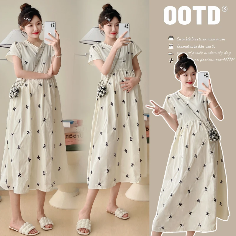 【甜甜】孕妇2024时尚夏季刺绣蝴蝶结A字裙甜美显瘦连衣裙#10892