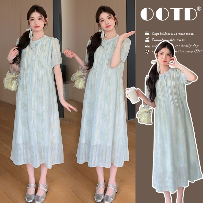 孕妇2024夏季新品薄荷曼波绿翡翠扎染高级设计感孕妇连衣裙#8755